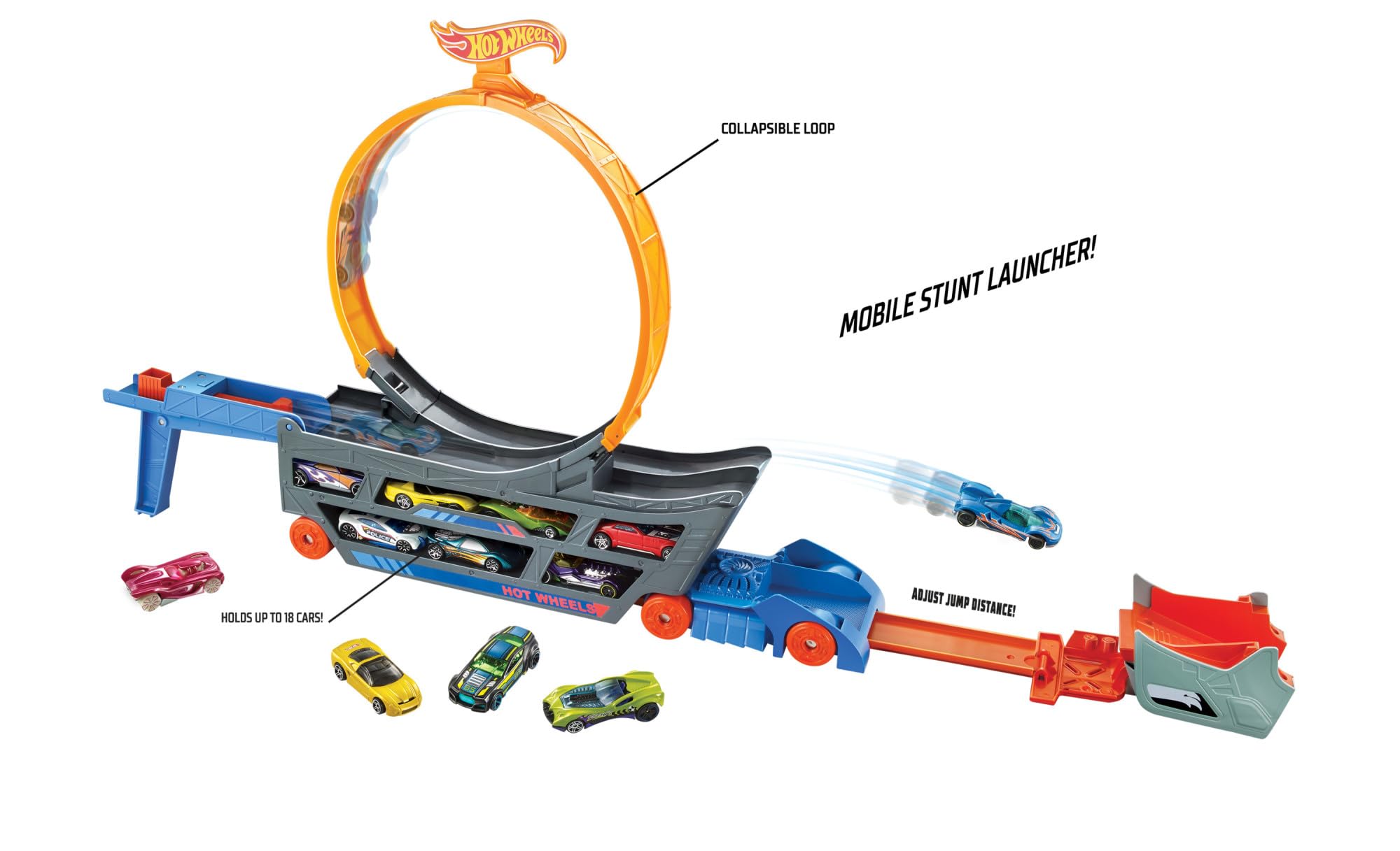 Hot Wheels - Speedway Hauler Storage Carrier with 3 1:64 Scale Cars & Convertible 6-Foot Drag Race Track for Kids 4 to 8 years Old, Stores 20+ Cars & Connects to Other Playsets, HGH33
