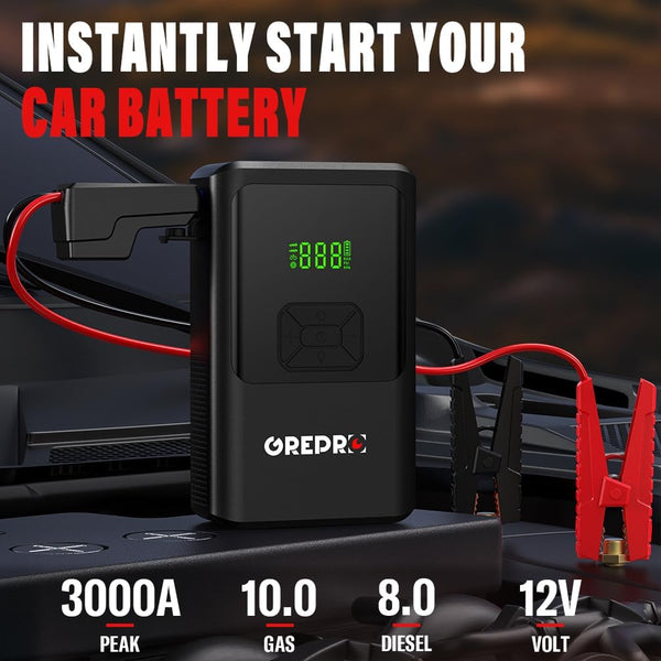 GREPRO 5-in-1 Jump Starter Power Pack with 150PSI Air Compressor (Up to 10.0L Gas,8.0L Diesel), Car Jump Starter for 12V Vehicle, 3000A Jump Pack with Digital Display, LED Flashlight