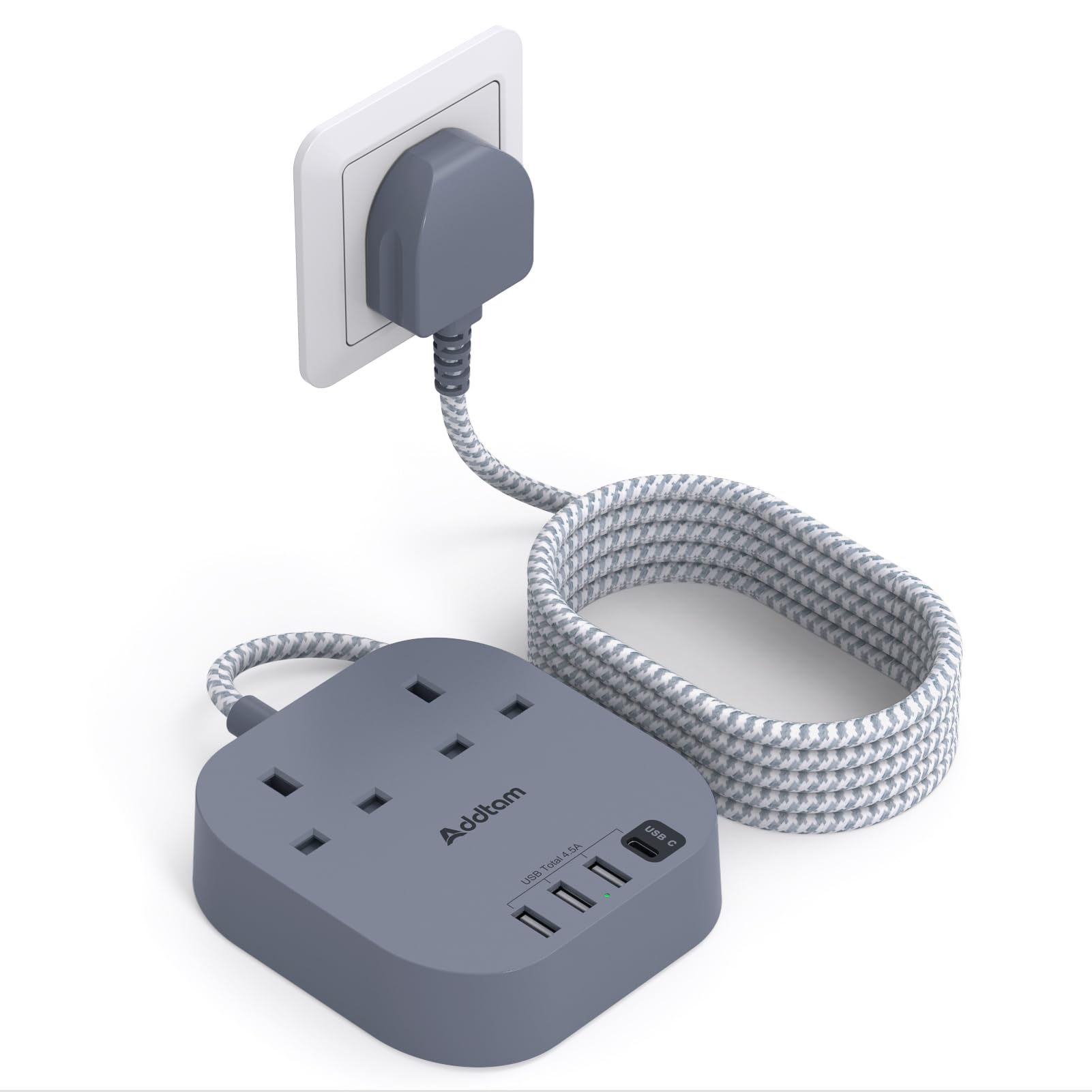 Extension Lead, Power Strips with 2 Way Outlets 4 (4.5A, 1 Type C and 3 USB-A Port) Surge Protection Plug Extension Socket with 1. 8 M Braided cord for Home Office
