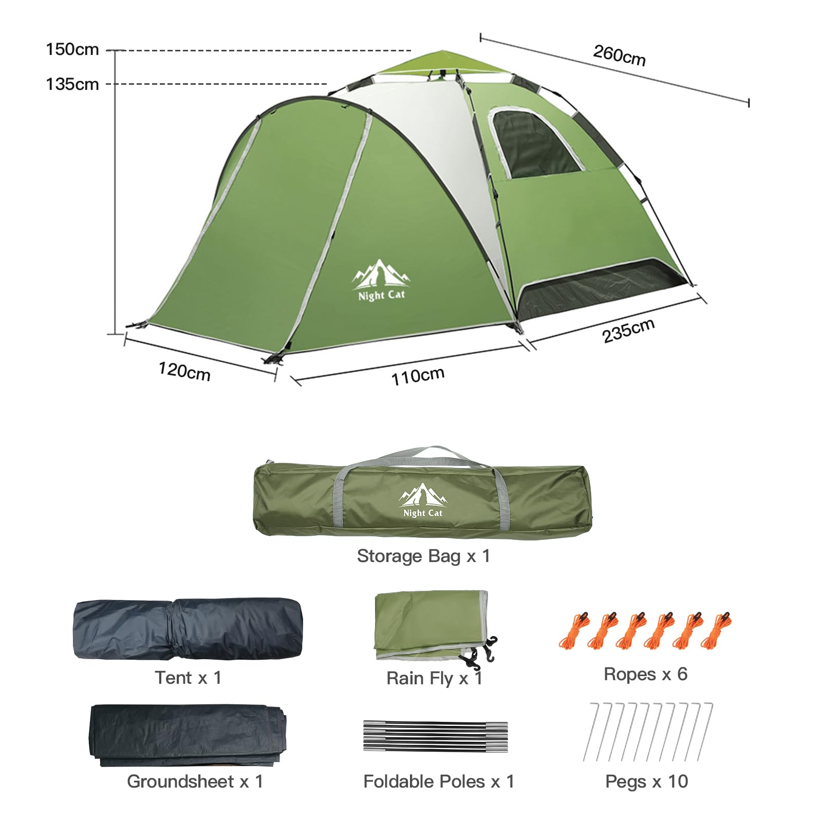 Night Cat Pop Up Tent for 3 4 Man: Waterproof Camping Tent Easy Set Up for Family Festival Camping Picnic in Garden Backyard Park