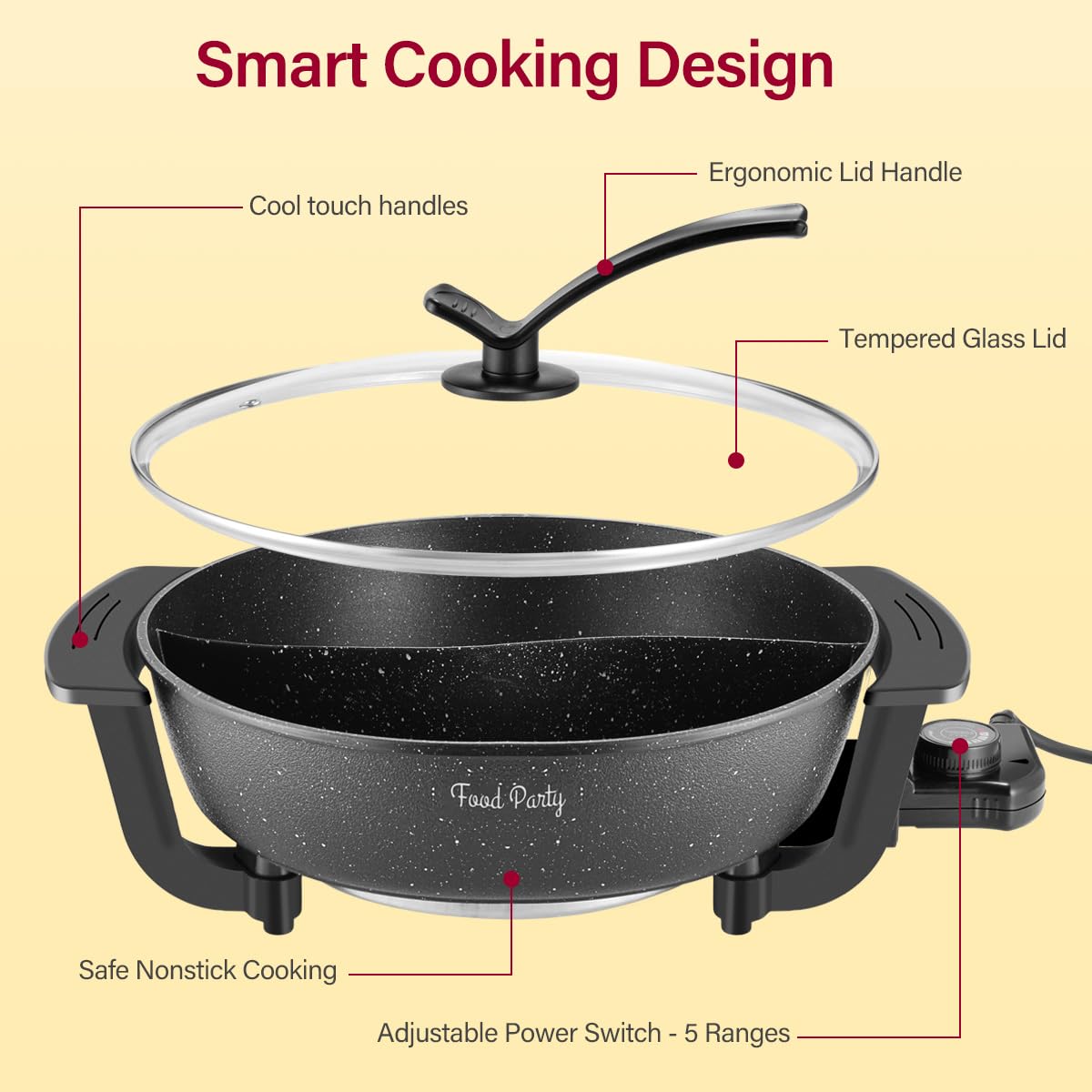 Food Party Hot Pot Hotpot Pot Electric with Divider Chinese Hot Pot Cooker 6-Quart Non-Stick Shabu Shabu Pot
