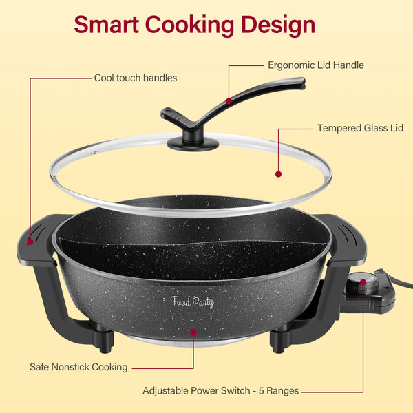Food Party Hot Pot Hotpot Pot Electric with Divider Chinese Hot Pot Cooker 6-Quart Non-Stick Shabu Shabu Pot