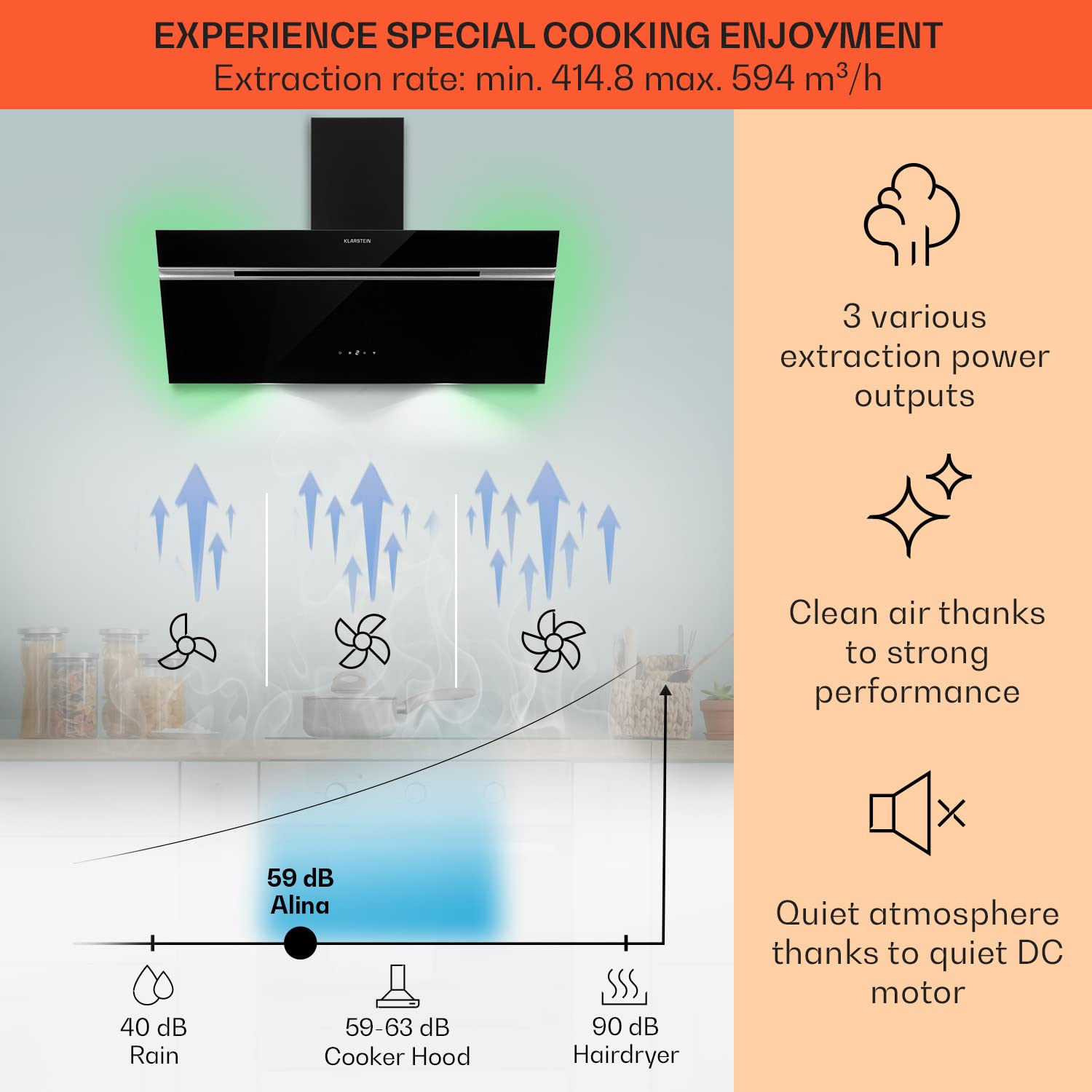 Klarstein Alina 90 Angled Cooker Hood - 600m³/h Air Flow, Touch Panel, LED Backlighting, Quiet 63dB, Energy Class A, 90cm Extractor Hood, Black