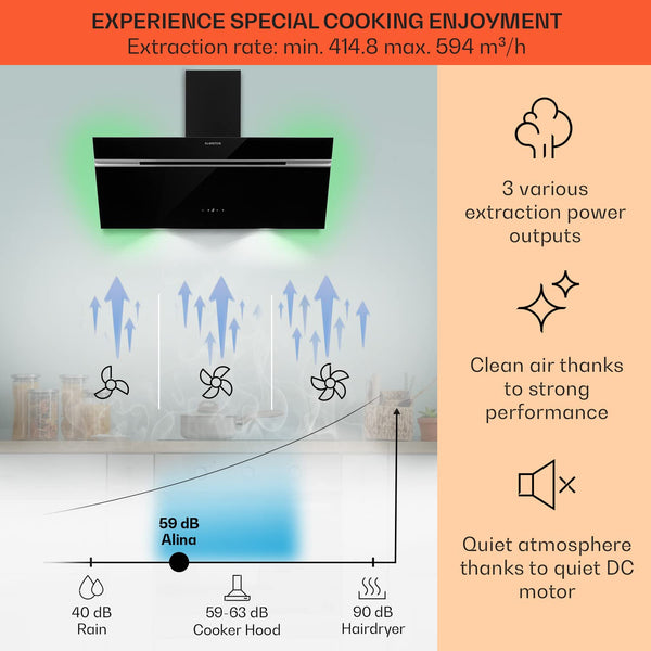 Klarstein Alina 90 Angled Cooker Hood - 600m³/h Air Flow, Touch Panel, LED Backlighting, Quiet 63dB, Energy Class A, 90cm Extractor Hood, Black