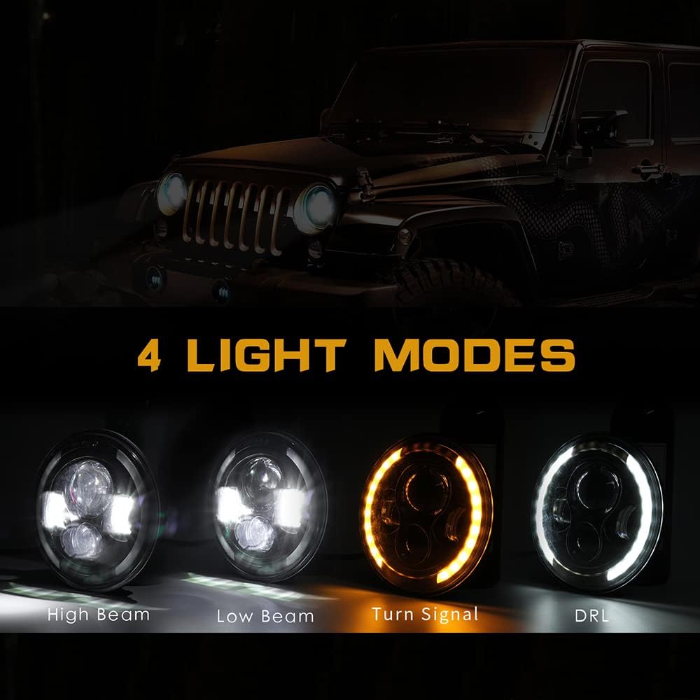 KT Pair LED DRL Halo Ring DRL High / Low Beam Headlights Land Rover 90 110 & Defender Black Jeep Wrangler JK TJ CJ Hummer H1 H2 Miata mx5 mk1 NA