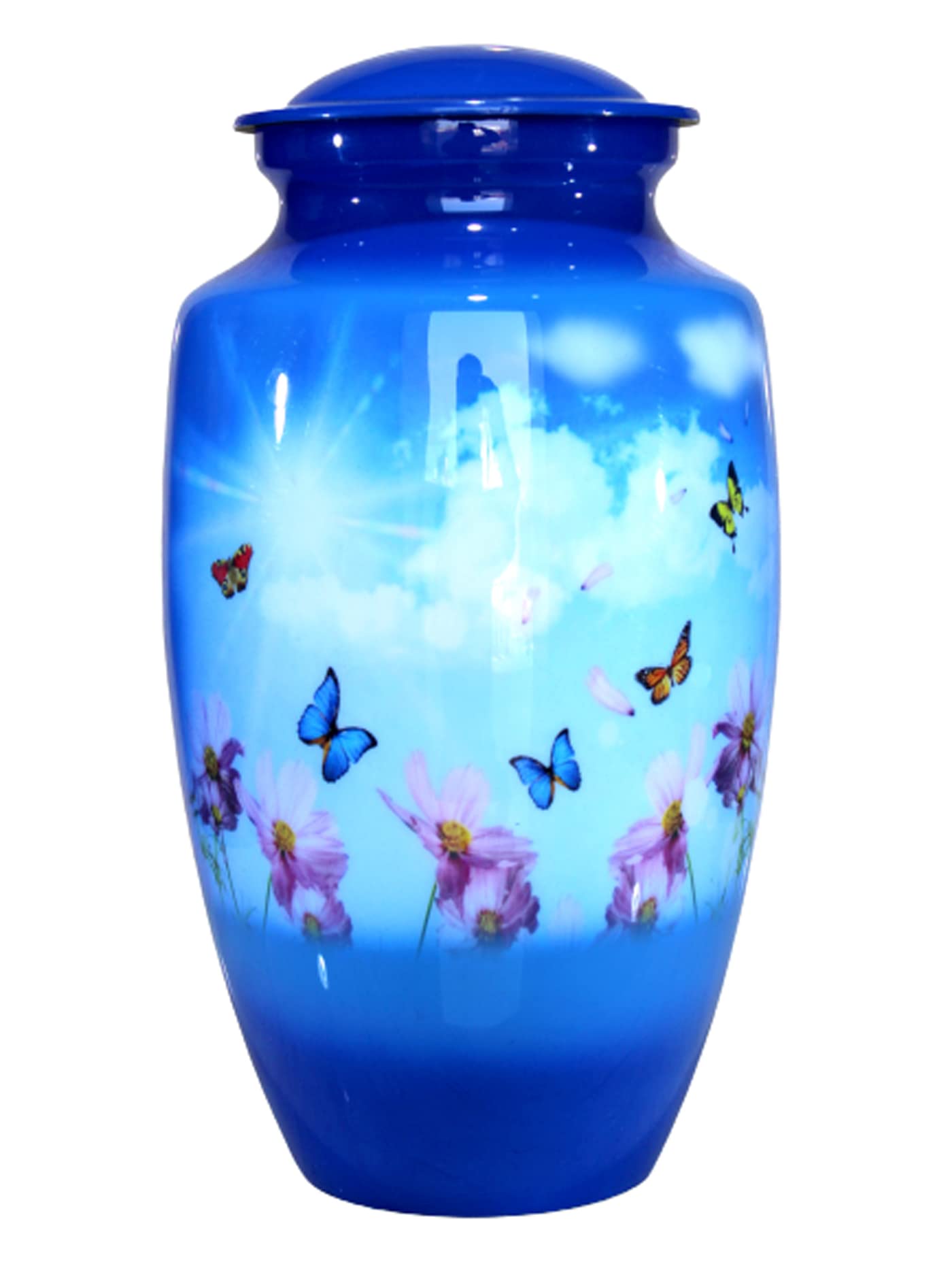 eSplanade Metal Cremation Urn Memorial Jar Pot Container | Full Size Urn for Funeral Ashes Burial | Colorful Butterflies Print | Blue - 10" Inches