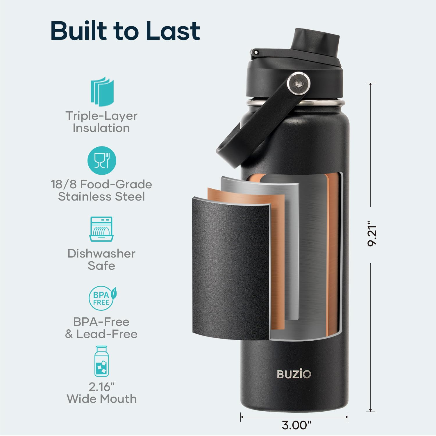 Stainless Steel Water Bottle 2L, BUZIO Vacuum Insulated Water Bottle with Straw Lid and Flex Cap Cold for 48 Hrs, Hot for 24 Hrs Double Wall Wide Mouth BPA Free Leak Proof, Black