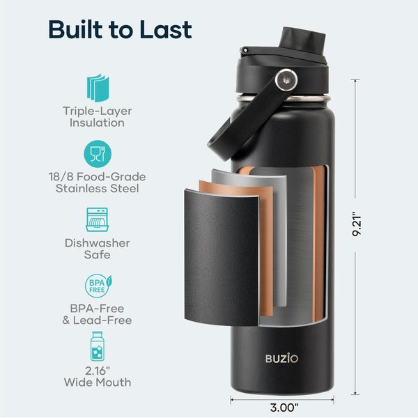 Stainless Steel Water Bottle 2L, BUZIO Vacuum Insulated Water Bottle with Straw Lid and Flex Cap Cold for 48 Hrs, Hot for 24 Hrs Double Wall Wide Mouth BPA Free Leak Proof, Black