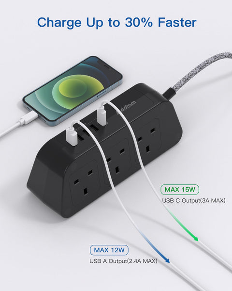 Black Extension Lead with USB Slots，6 Way Outlets 5 USB(5A, 1 USB- C and 4 USB-A Port) with 1.6M Braided Extension cord, 3250W Overload Protection，Security Surge Protection Plug Extension Socket