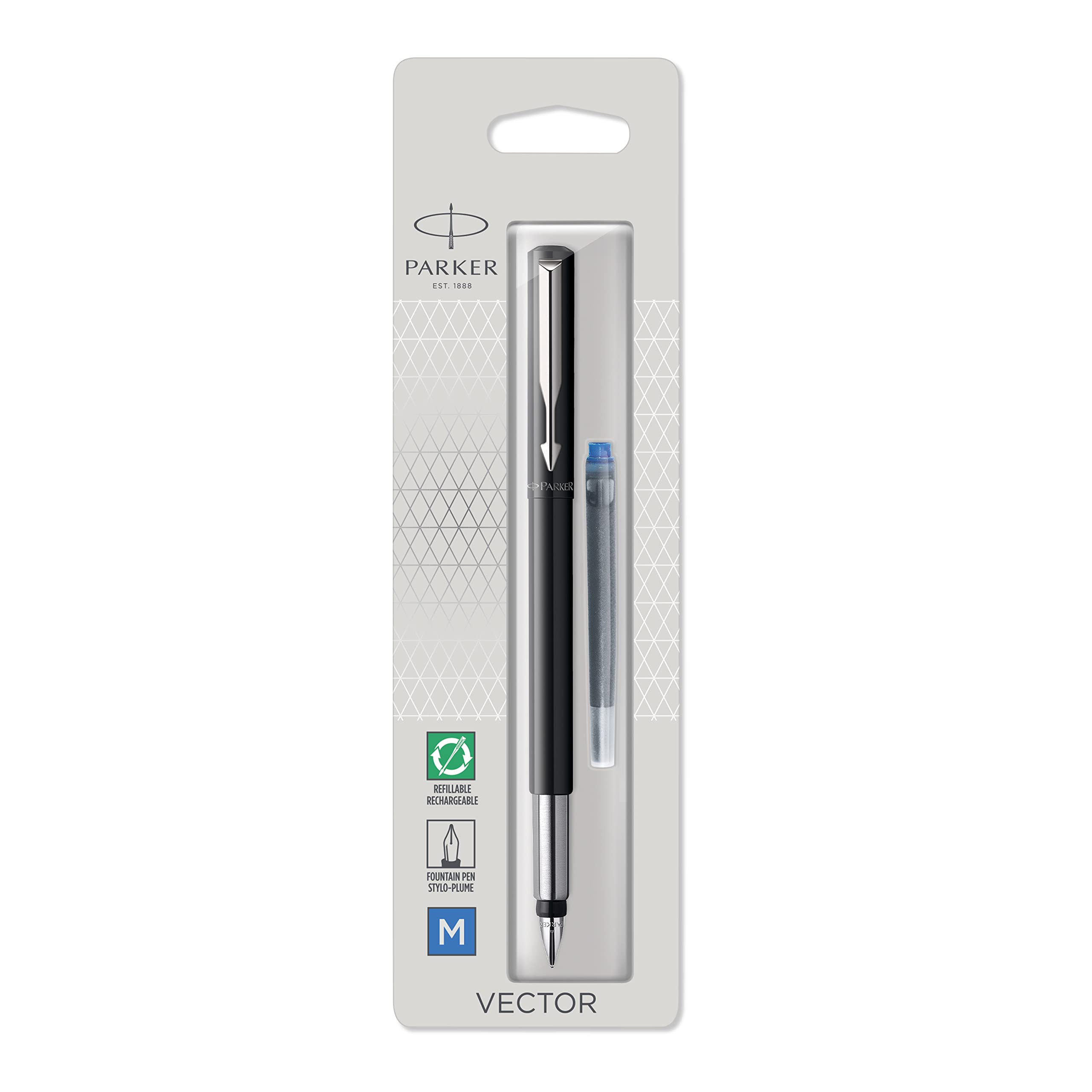 Parker Vector Fountain Pen | Black with Chrome Trim | Medium Nib | Blue Ink | Hangtab