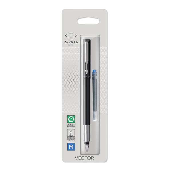 Parker Vector Fountain Pen | Black with Chrome Trim | Medium Nib | Blue Ink | Hangtab