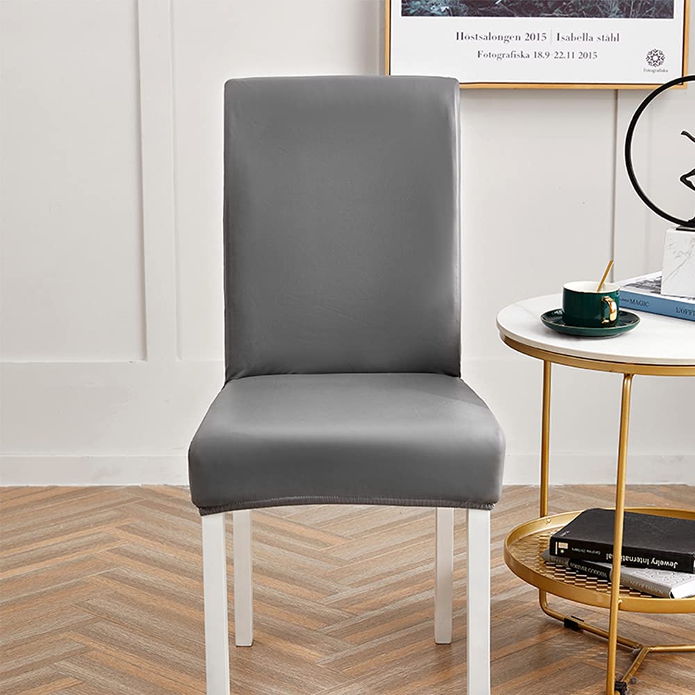 Bestenrose Stretch Dining Chair Covers Waterproof PU Leather Slipcovers Universal Chair Protectors for Dining Room Kitchen Hotel (Set of 6, Gray)