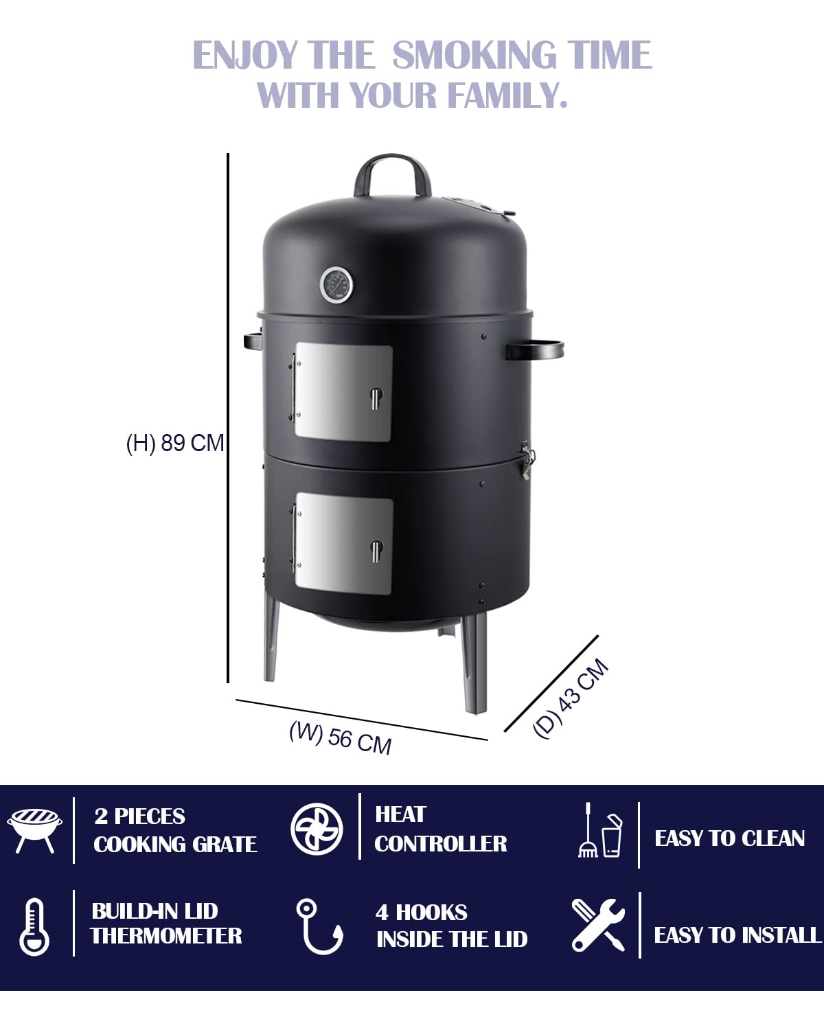 SUNLIFER Charcoal BBQ Grill, Heavy Duty 3-in-1 Barbecue Smoker Grill for Garden Camping Outdoor Cooking and Grilling 89x56x43CM