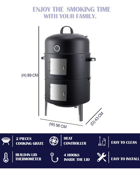 SUNLIFER Charcoal BBQ Grill, Heavy Duty 3-in-1 Barbecue Smoker Grill for Garden Camping Outdoor Cooking and Grilling 89x56x43CM