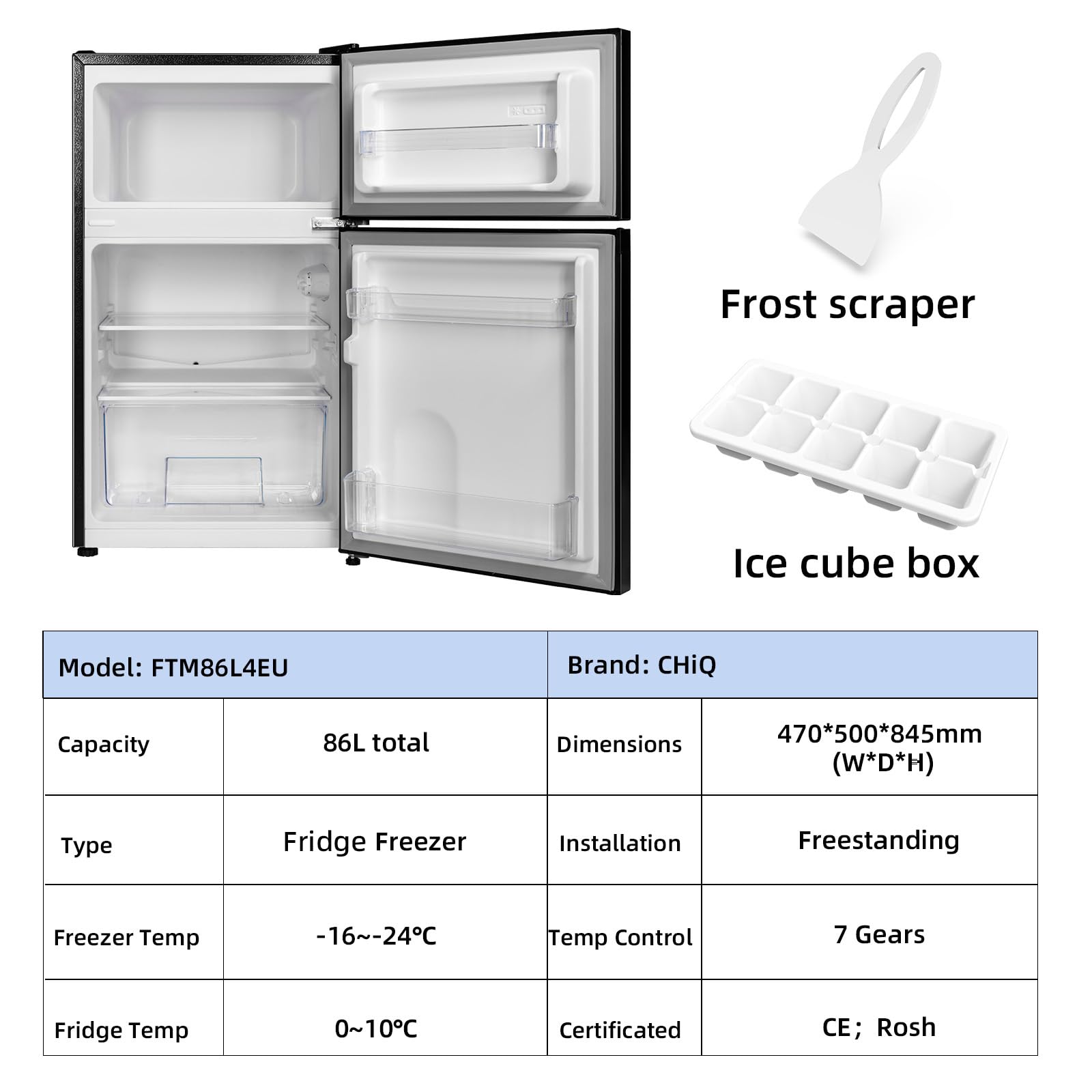 CHiQ FBM157L4EU, Fridge Freezer, 157L, 70/30, 12-Year Compressor Service, Low Frost, E, 39 dB, 48cm Wide 144cm Tall, Black