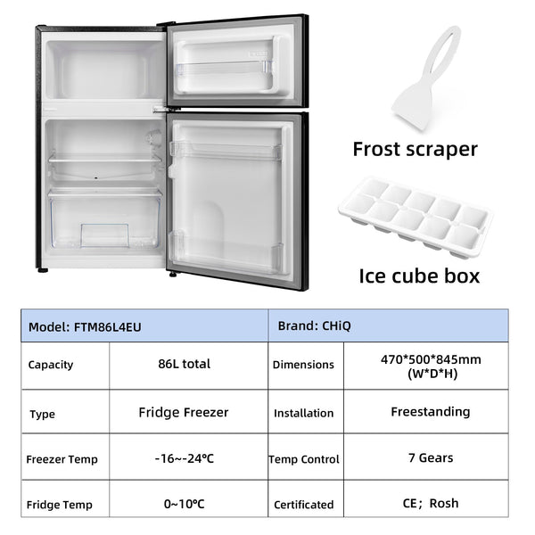 CHiQ FBM157L4EU, Fridge Freezer, 157L, 70/30, 12-Year Compressor Service, Low Frost, E, 39 dB, 48cm Wide 144cm Tall, Black