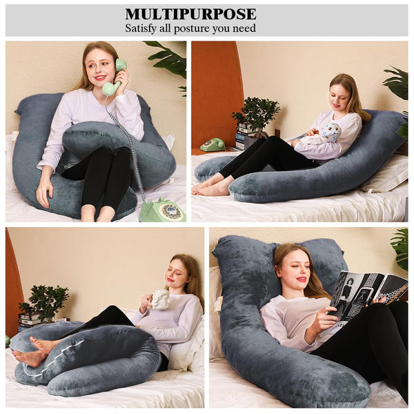 Chilling Home Pregnancy Pillows for Sleeping,U Shaped Maternity Pillow Pillow,55 inch Full Body Pillow Long Pillows for Sleeping, Maternity&Body Pillows for adults with Cover Velvet,Light Black
