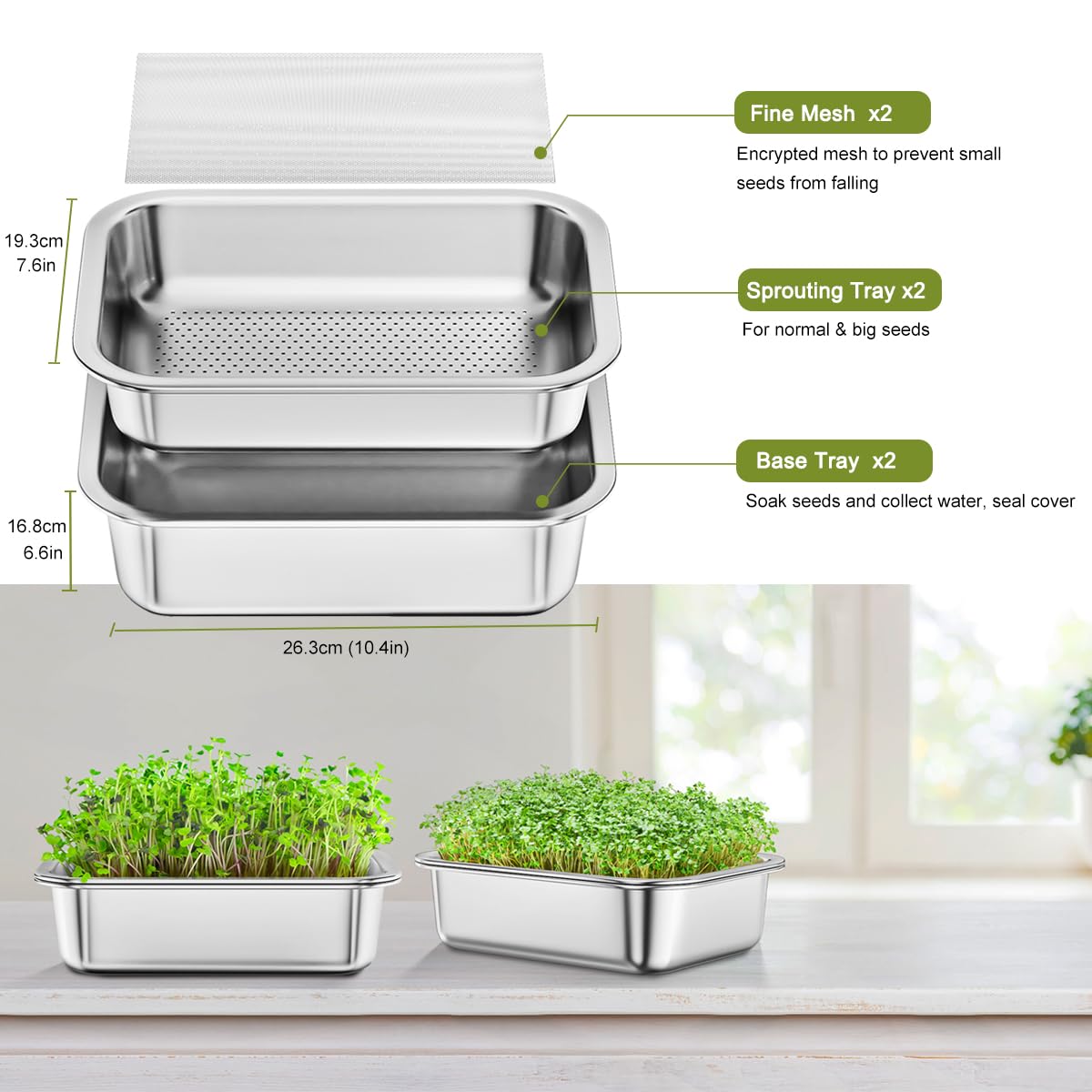FANHAO 2-Pack Sprouting Tray Kit, Stainless Steel Soil-Free Cultivation Germination Tray, Healthy Wheatgrass Grower Sprouting Container Kit Nursery