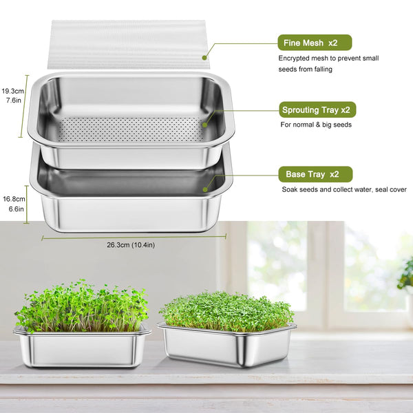 FANHAO 2-Pack Sprouting Tray Kit, Stainless Steel Soil-Free Cultivation Germination Tray, Healthy Wheatgrass Grower Sprouting Container Kit Nursery