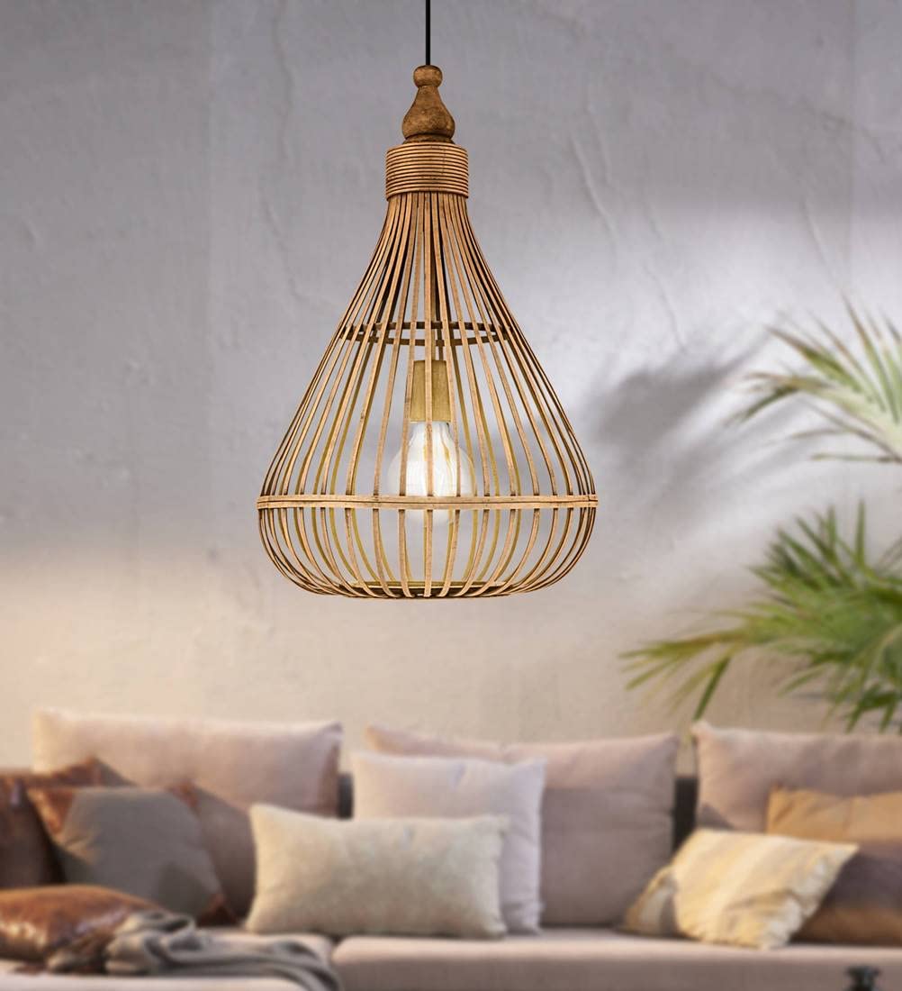 Eglo Amsfield Pendant Light, Vintage, Nature, Boho, Nordic Design Hanging lamp, Dining Room, Living Room Lighting, Steel and Wooden Natural Colour,