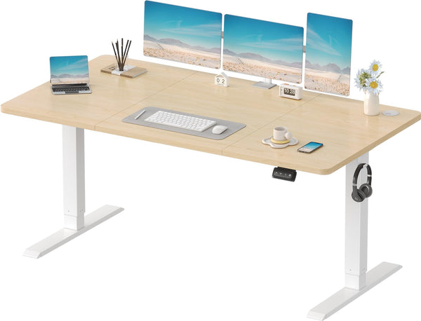 Devoko Electric Standing Desk 120x60cm Sit Stand Table Height Adjustable with Backpack Hook and Memory Smart Pannel, Home Office, White