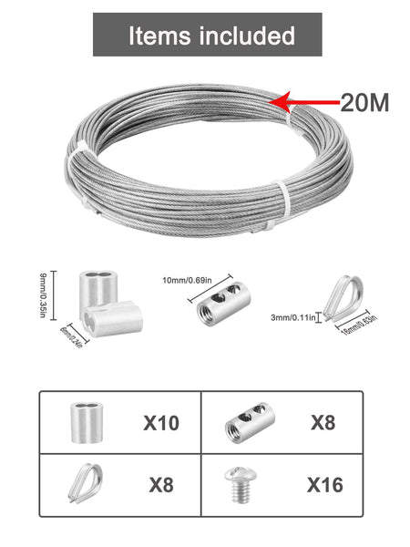 Abimars Wire Rope 2mm, 6m Stainless Steel Garden Wire Rope Cable with Crimping Aluminum, 7x7 Strand Core Metal Cable Wire Rope for Fence, Picture Hanging,Clothes Line