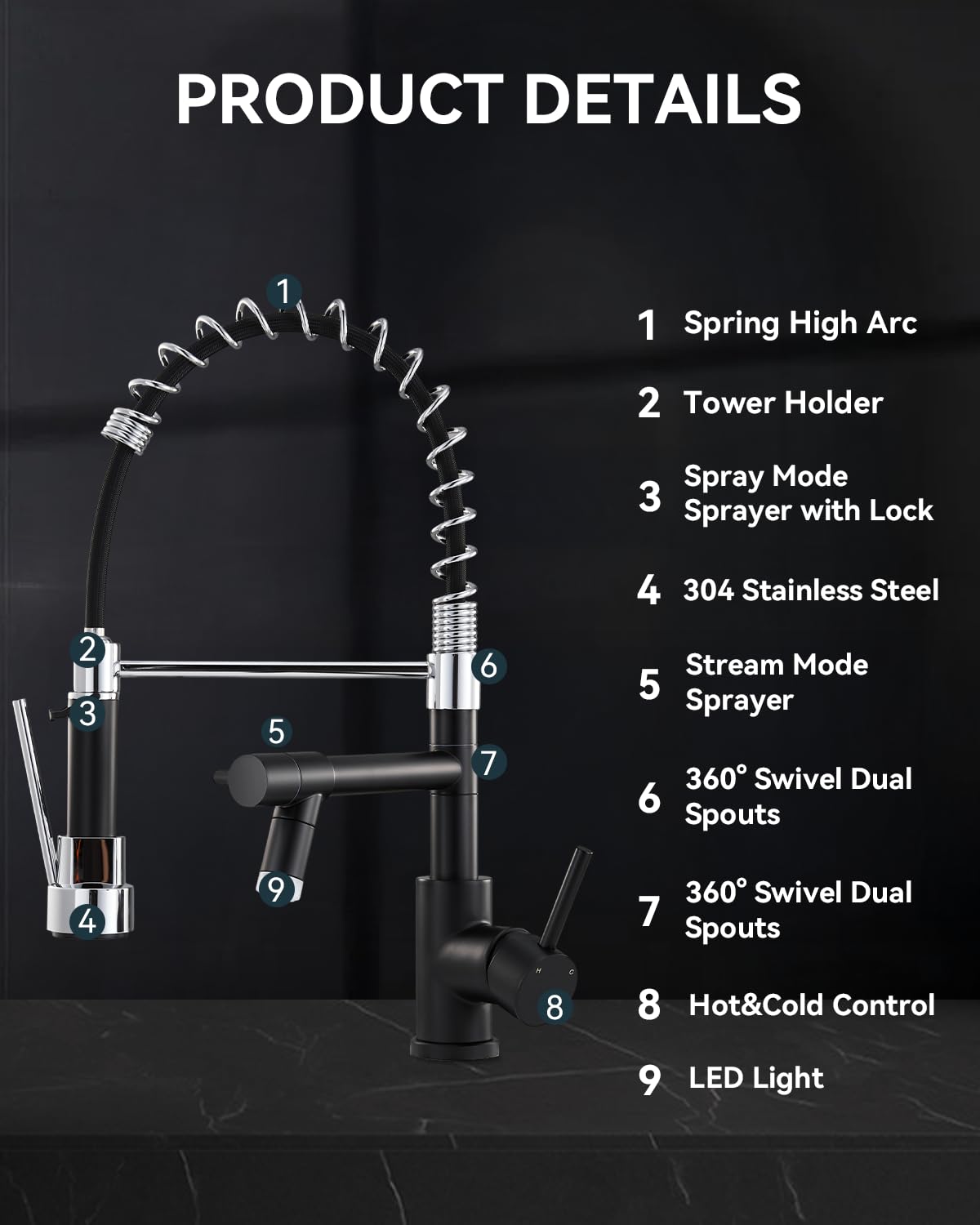 Warmiehomy 5 Modes Kitchen Taps Mixer with Pull Out Spray,High Arc 360° Swivel Dual Spout Pull Down Stainless Steel Kitchen Sink Taps,Brushed Nickel