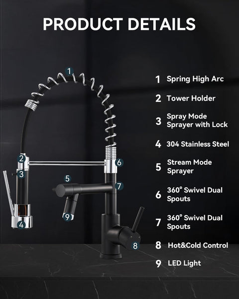 Warmiehomy 5 Modes Kitchen Taps Mixer with Pull Out Spray,High Arc 360° Swivel Dual Spout Pull Down Stainless Steel Kitchen Sink Taps,Brushed Nickel