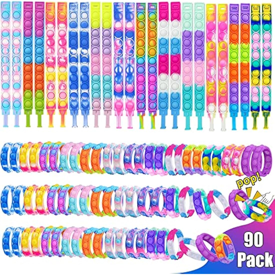 Amyang 90Pcs Pop Bracelet Fidget Toys,Bubble Bracelets,Stress Anxiety Relief Sensory Toys for Kids Adults ADHD ADD Autism,Classroom Exchange Gifts Party Favor Game Prizes