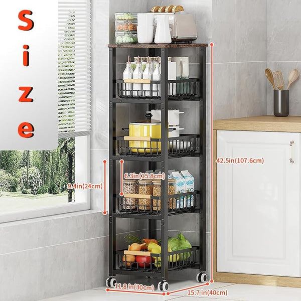 KOLENSA Metal Wire Baskets with Wheels, Stackable Storage Bins Kitchen Organizer Shelf, Multi Layer Fruit Vegetable Cart Dishes Seasonal Rack Freestanding with Pull Out Slide Drawer