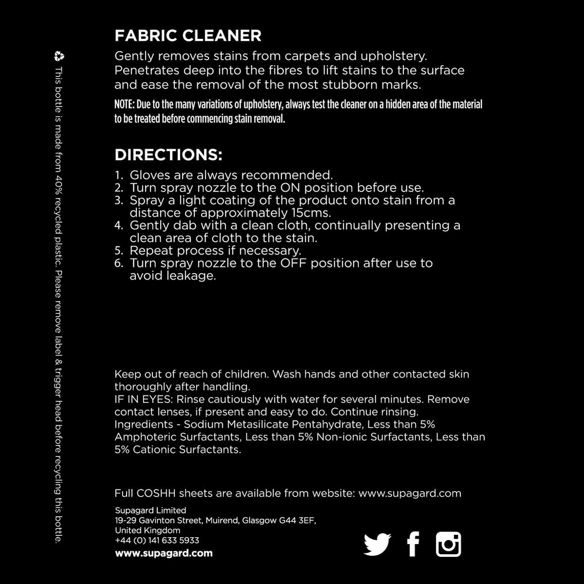 Supagard Fabric Cleaner – 500ml Eco-Friendly Water-Based Stain Remover for Car Seats, Upholstery, Carpets & Home Use | No Harsh Chemicals