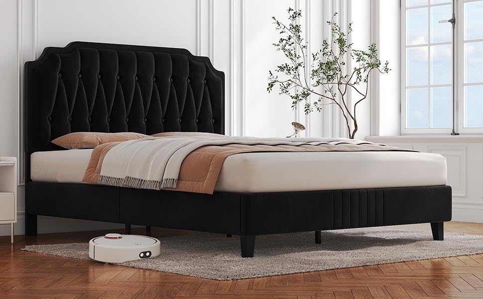 Yaheetech 5ft King Bed Frame Upholstered Platform Bed with Adjustable Button Tufted Headboard/Velvet Fabric/Sturdy Wooden Slat Support/No Box Spring Needed, Dark Grey King Bed