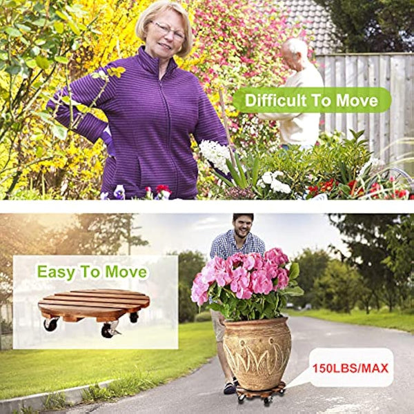 2 Pack Plant Caddy Wooden Plant Stand with Wheels 12 Inch-30 CM Round Plant Roller with Metal Lockable Caster Wheels Heavy Duty Rolling Plant Stand Plant Dolly