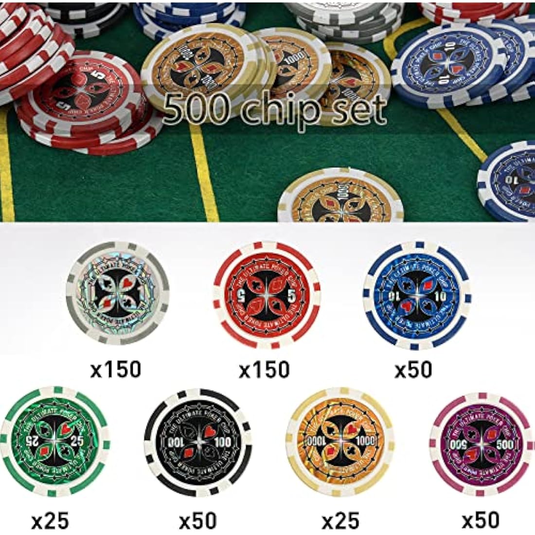 display4top Texas Holdem Poker Chips Set with Aluminum Case,2 Decks of Cards, Dealer, Small Blind, Big Blind Buttons and 5 Dice (500 Piece Chips)