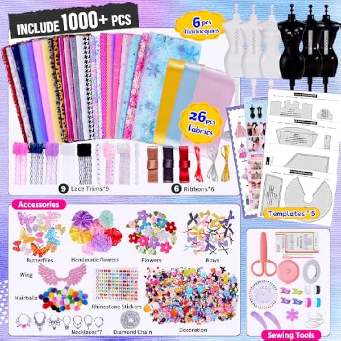 1000+Pcs - Fashion Designer Kit for Girls with 6 Mannequins- Creativity DIY Arts & Crafts Kit Learning Toys Sewing Kit for Kids- Teen Girls Kids Birthday Easter Gift Present Age 6 7 8 9 10 11 12+