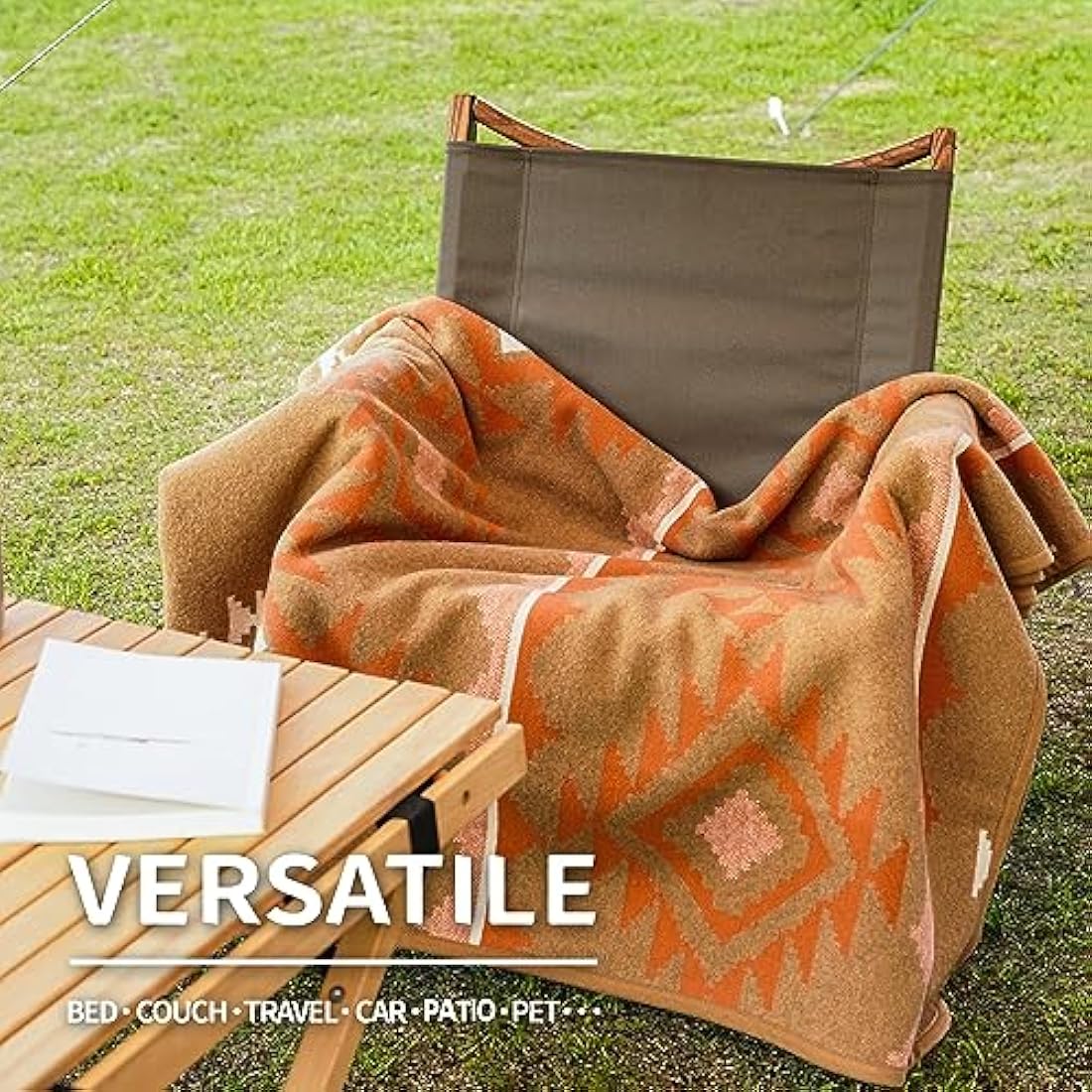 ACUSHLA Merino Wool Camp Blanket - Warm, Thick, Washable, Large Throw - Great for Outdoor Camping All Seasons Suitable Morocco Khaki 79" x63" 3.8lbs