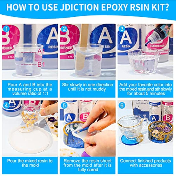 JDiction Epoxy Resin Coaster Kit - 16oz/ 474ml Crystal Clear Epoxy Resin Kit with Coaster Molds and Holder, Resin Pigment, Resin Glitter, Gold Flakes, Epoxy Resin Starter Kit for Jewelry DIY Coasters