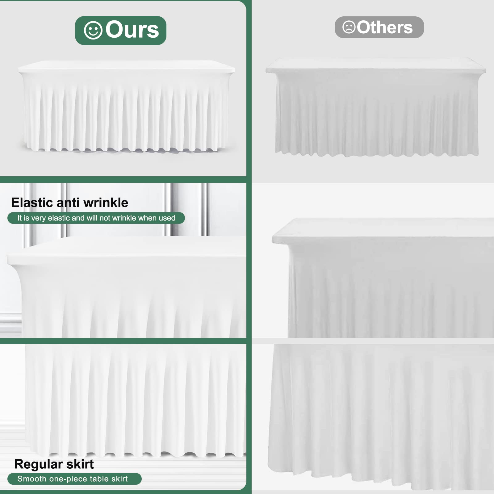 BDDC Rectangle Table Skirts - 8ft One Piece White Table Cover with Wrinkle Resistant Ruffles for Banquets, Weddings & Parties