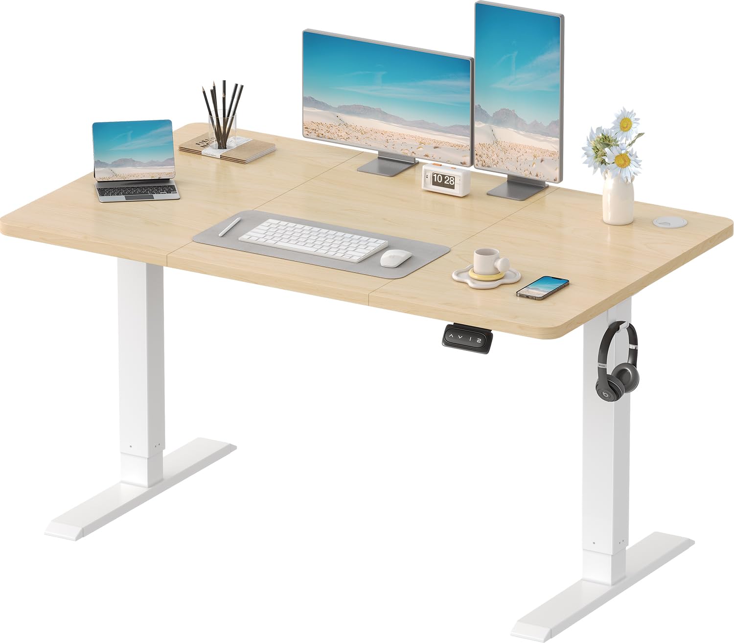 Devoko Electric Standing Desk 120x60cm Sit Stand Table Height Adjustable with Backpack Hook and Memory Smart Pannel, Home Office, White