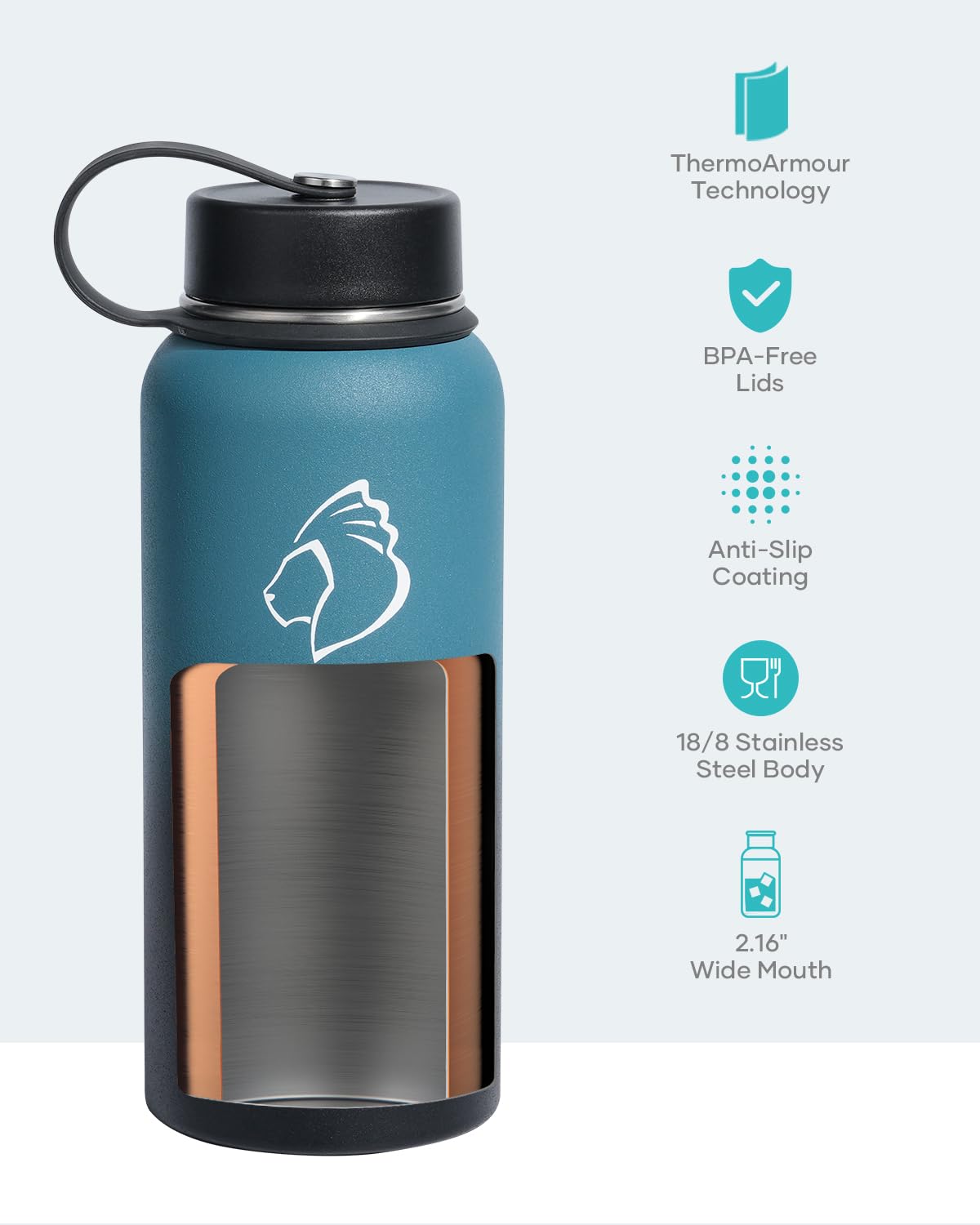 Stainless Steel Water Bottle 2L, BUZIO Vacuum Insulated Water Bottle with Straw Lid and Flex Cap Cold for 48 Hrs, Hot for 24 Hrs Double Wall Wide Mouth BPA Free Leak Proof, Black