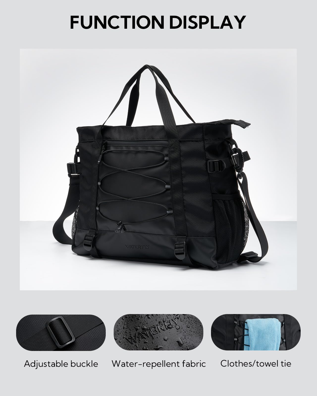 Waterfly Sports Gym Bag Small Duffle Bag for Women Men Water Resistant Weekend Travel Overnight Holdall Bag for Swimming Fitness Black