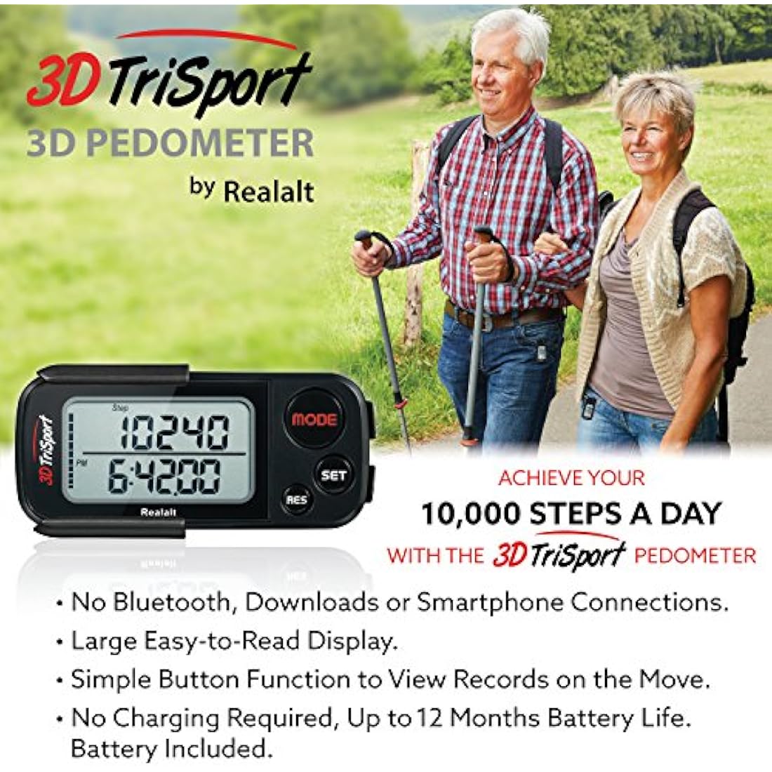 3DTriSport Walking 3D Pedometer with Clip & Strap, eBook Included | 30 Days Memory, Accurate Step Counter, Walking Distance Miles/Km, Calorie Counter, Daily Exercise Time Monitor