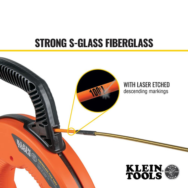 KLEIN TOOLS 56382 Fish Tape, Multi-Groove Fiberglass Wire Puller with Nylon Tip, Optimized Housing and Handle,Orange/Black, 15 m