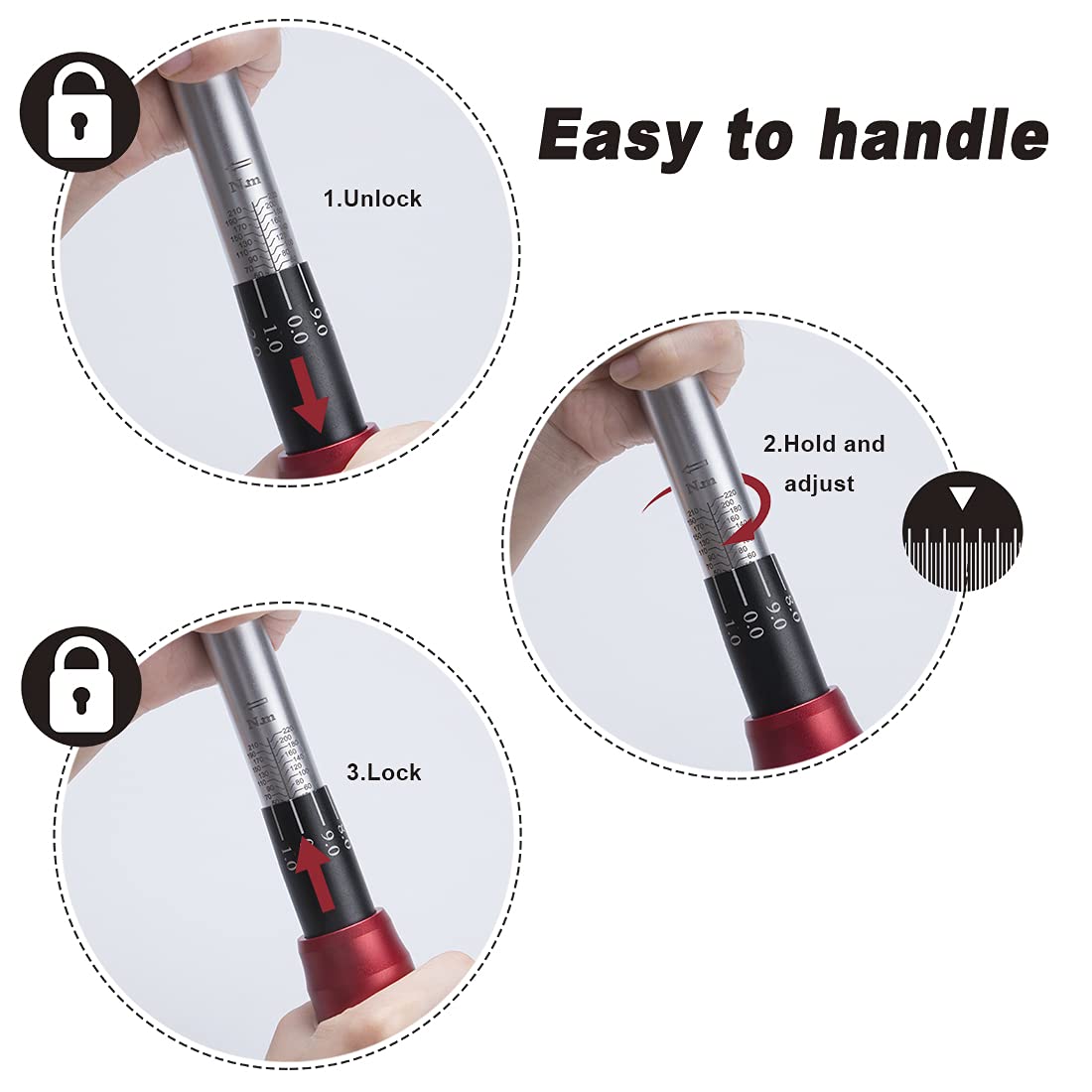 FOURROBBER Torque Wrench Set 1/2-inch Drive Click Bicycle Torque Wrench Dual-Direction Adjustable 90-Tooth Torque Wrench with Buckle 20-220Nm,Accuracy ± 3% Visit The Store