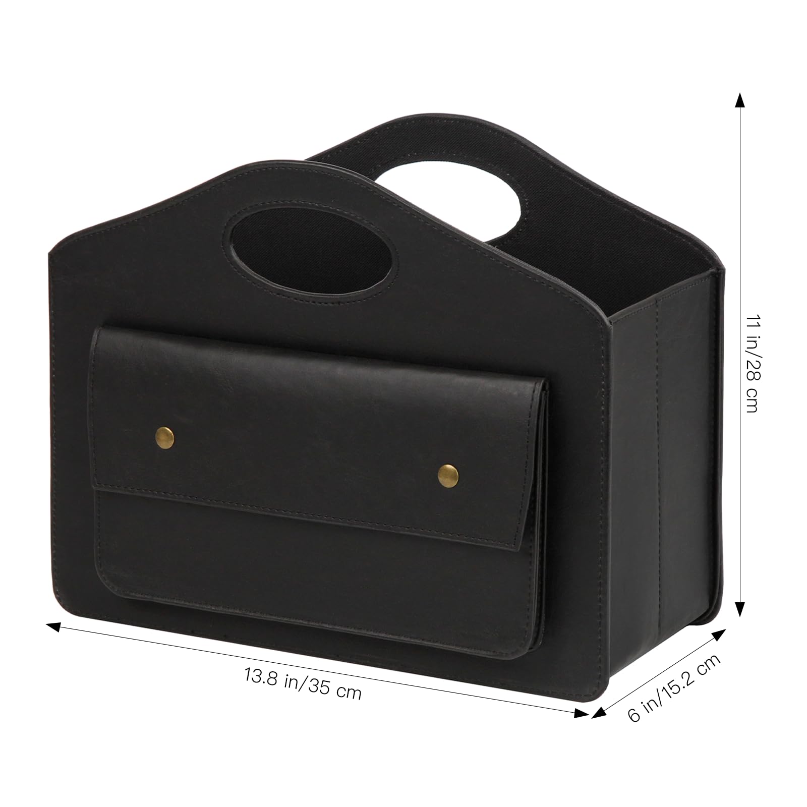 HofferRuffer Leather Magazine Holder Newspaper Rack with Handle Foldable Storage Basket with Little Front Bag Multipurpose Organizer Black 13.8*11*6