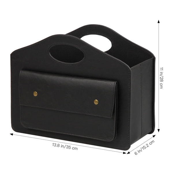 HofferRuffer Leather Magazine Holder Newspaper Rack with Handle Foldable Storage Basket with Little Front Bag Multipurpose Organizer Black 13.8*11*6