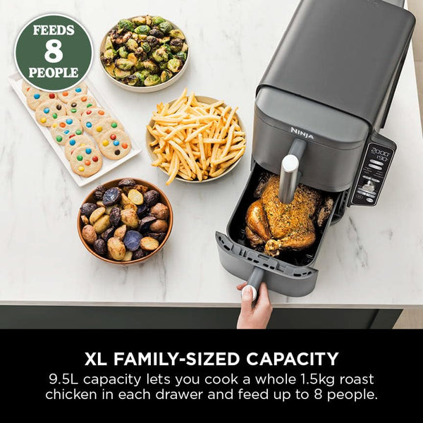 Ninja Double Stack XL Air Fryer, Vertical Dual Drawer AirFryer with 4 cooking levels, 2 Drawers and 2 Racks, Space Saving Design, 9.5L Capacity, 6 Cooking Functions, 8 Portions, Grey, SL400UK