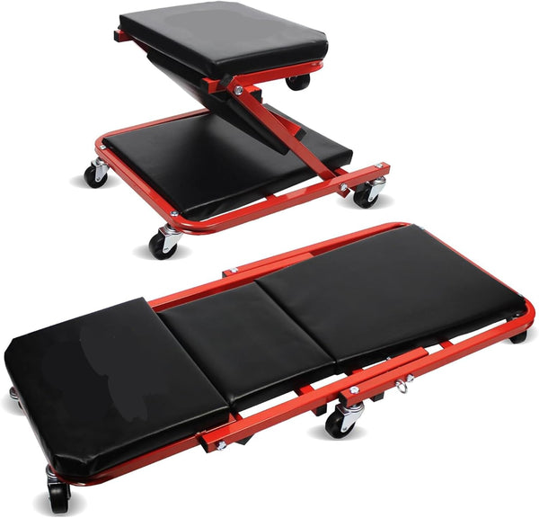 2-in-1 Folding Car Creeper and Seat, 36Inch Padded Mechanics Creeper Stool with 6 Rotatable Wheels, Rolling Garage Work Crawler Board Bench, Maximum Load 150 KG (Red, 36 Inch)