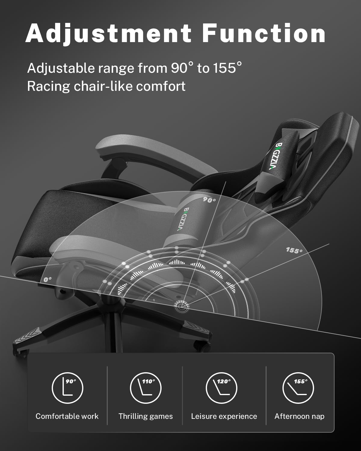 bigzzia RGB Gaming Chair with LED Lights and Ergonomic Computer Chair Reclining PU Leather High Back Video Game Chair with Headrest Adjustable Lumbar Support Linkage Armrest for Adults (Black/Grey)