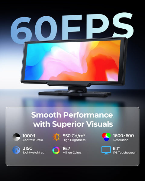 Krunia 8.1" Wireless Portable 60FPS Car Play Screen for Apple CarPlay & Android Auto, OTA Updates, Backup Camera, Mirror Link, Bluetooth, Voice Control, GPS Navigation